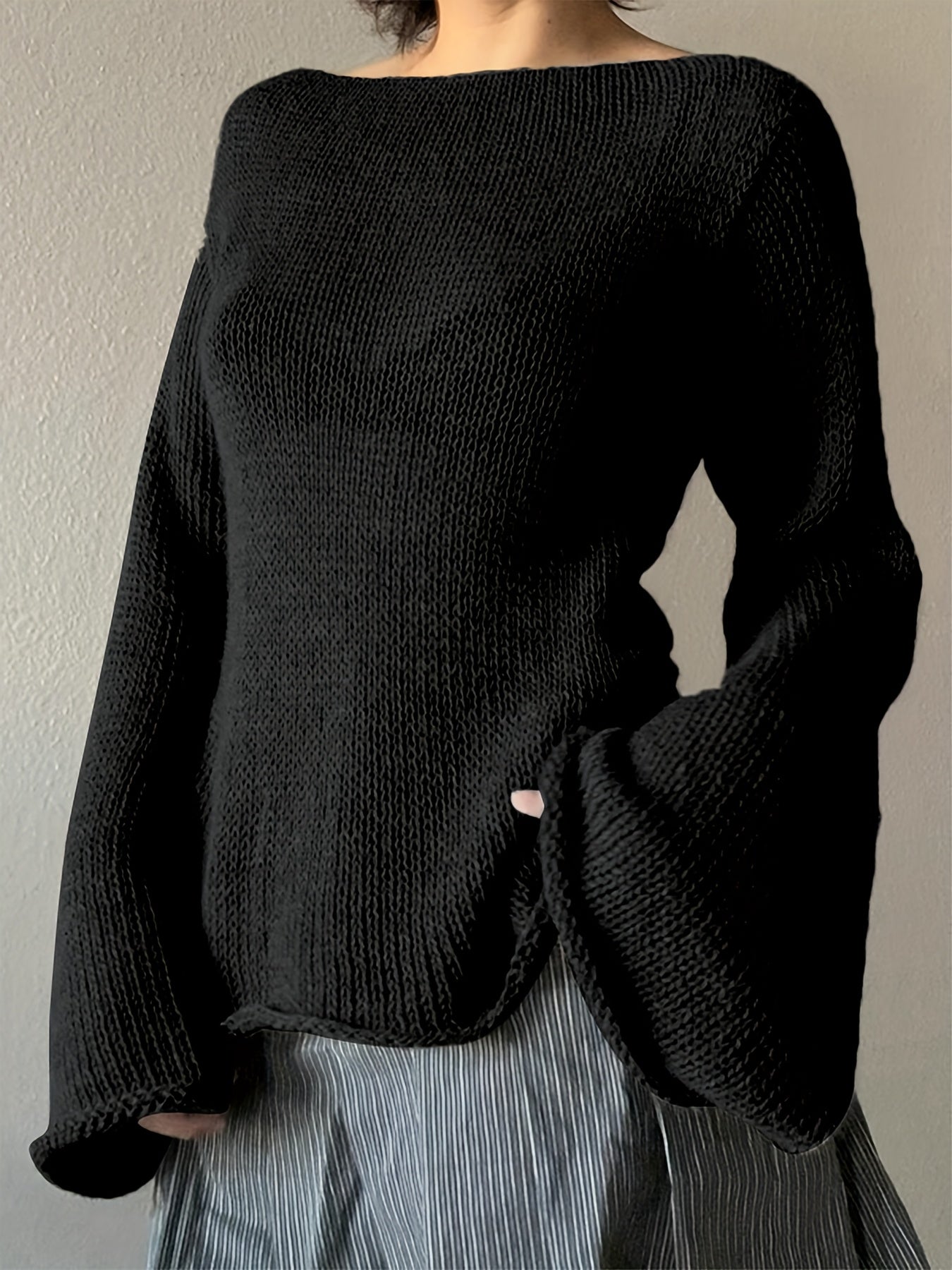 Women's beige knit sweater minimalist flare sleeves elegant draped silhouette soft warm fabric