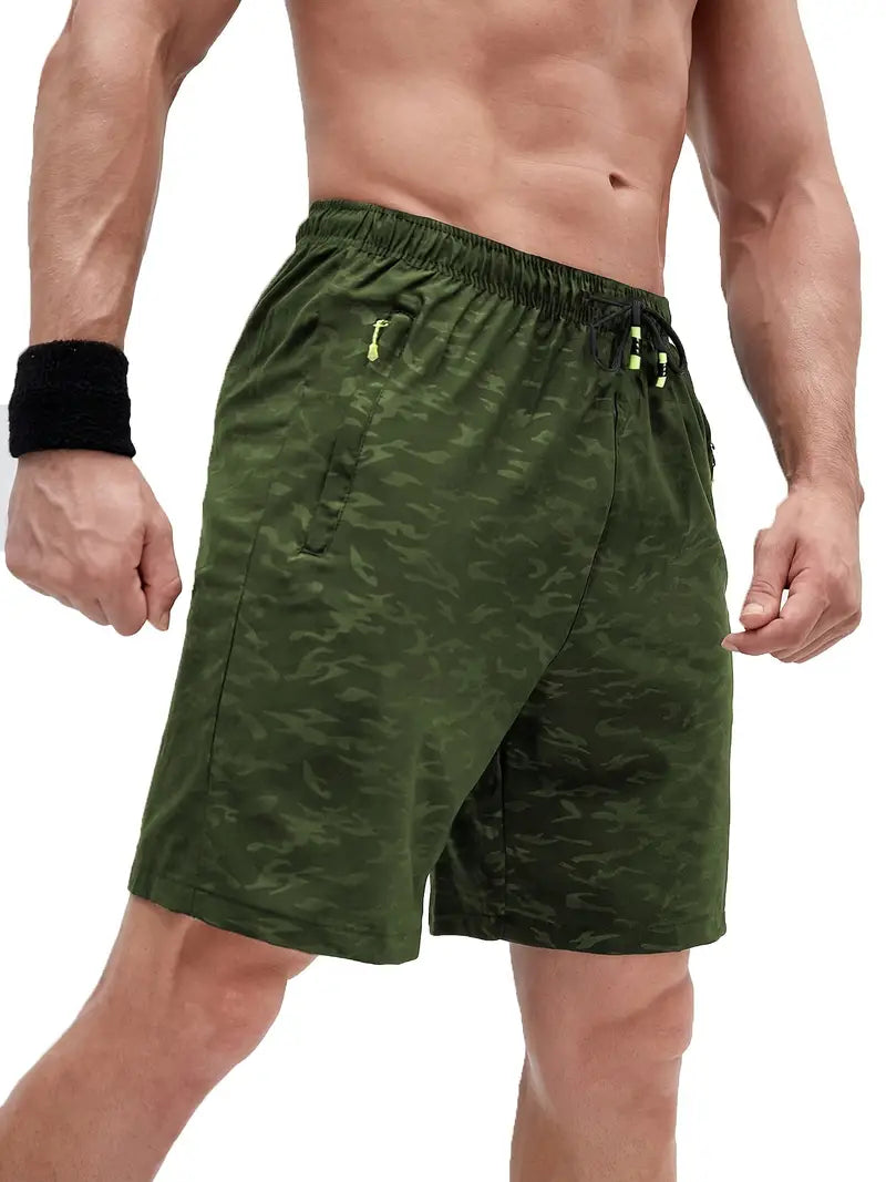 Men's gray athletic shorts slim fit lightweight breathable fabric with secure zippered pockets