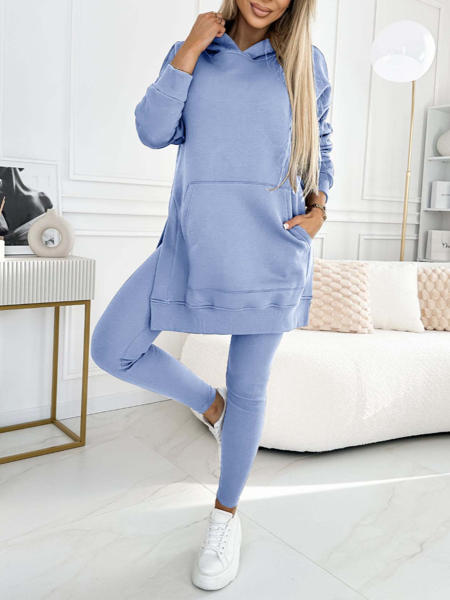Women's solid color hoodie and lined leggings two-piece set casual minimalist spring fall outfit
