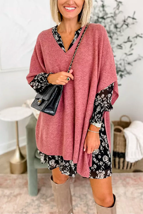 Women's solid loose fit V-neck poncho sweater in lightweight breathable cashmere knit