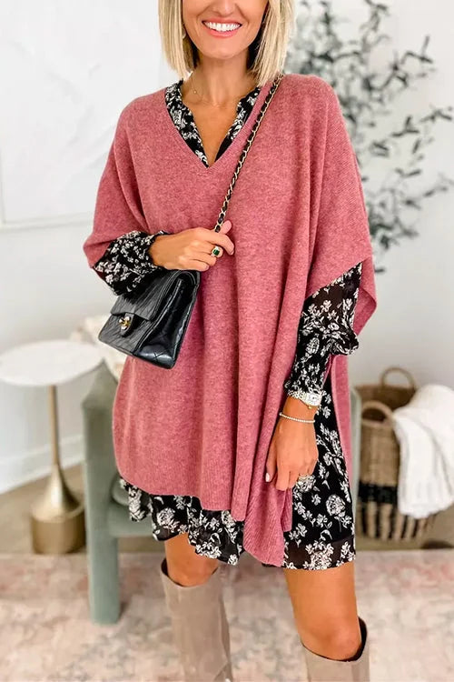 Women's soft knit poncho top loose fit V-neck draped layer in neutral fall winter style