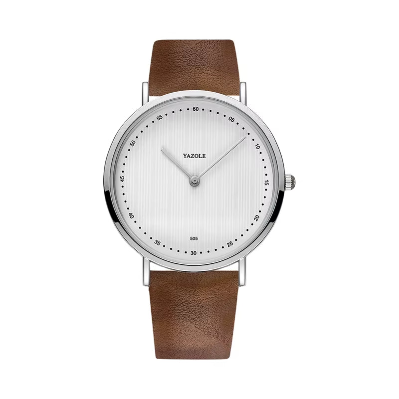 Minimalist stainless steel watch with vegan leather strap, ultra-slim profile and scratch-resistant glass