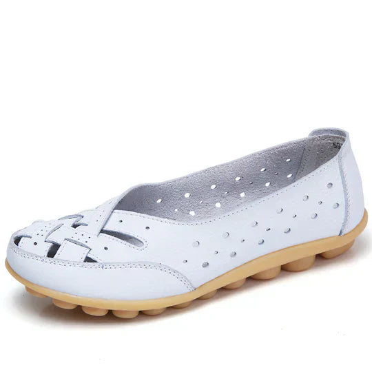 Women's black genuine leather ballet flats with cushioned sole, classic everyday slip-on style