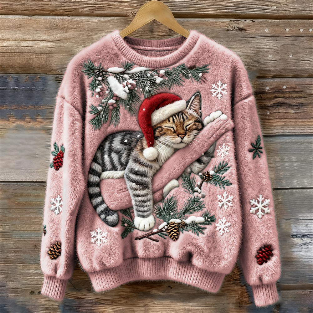 Cozy Christmas knit sweater with sleepy cat in Santa hat, soft warm festive print for cat lovers