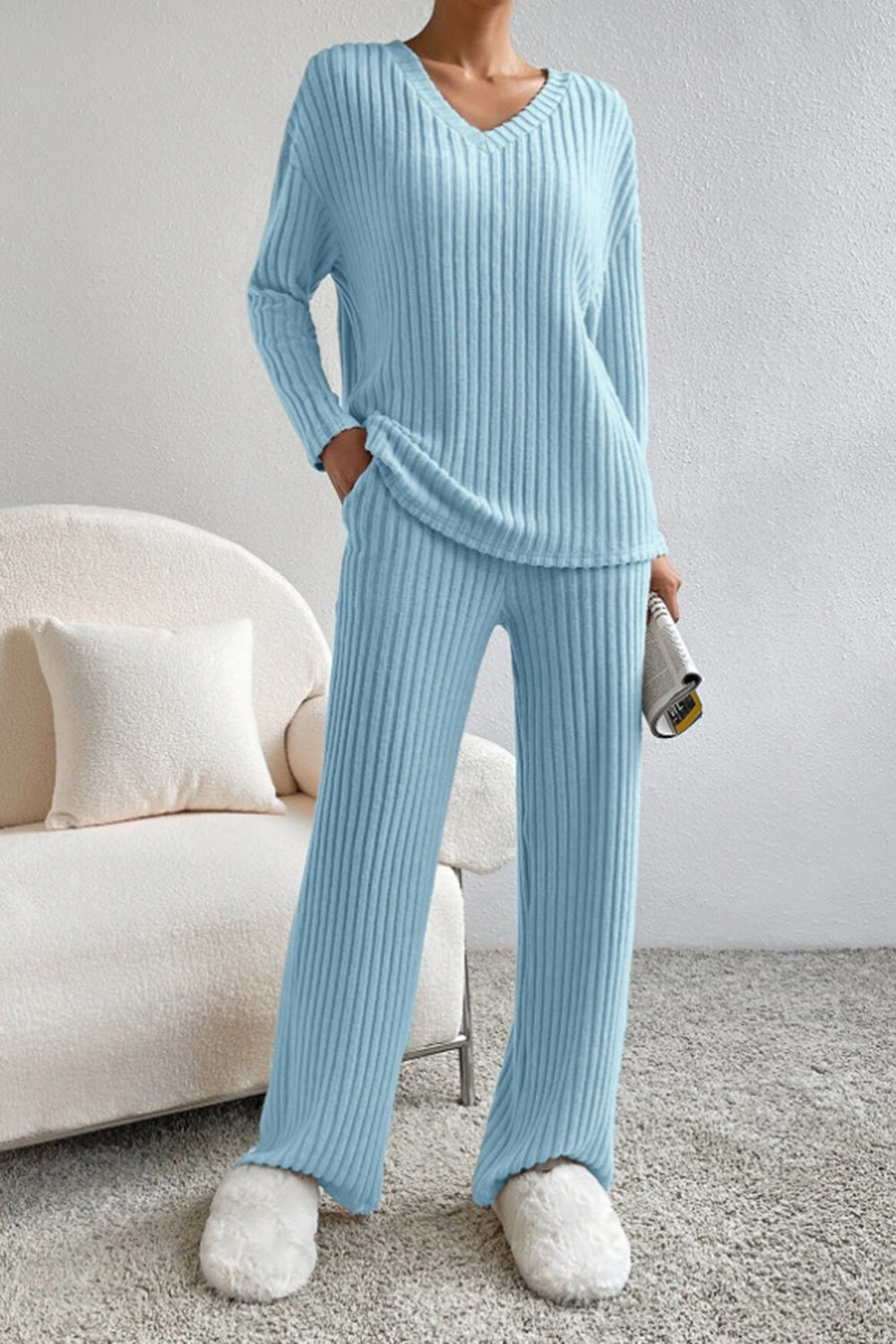 Women's ribbed v-neck lounge set two-piece matching top and pants in cozy textured knit