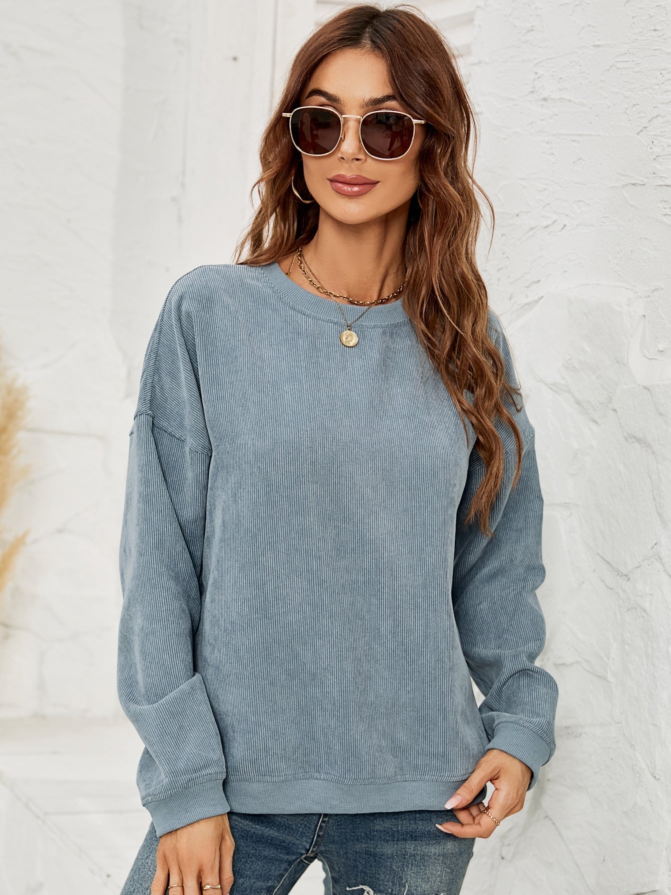 Women's solid corduroy pullover sweatshirt cozy relaxed fit versatile everyday layering piece