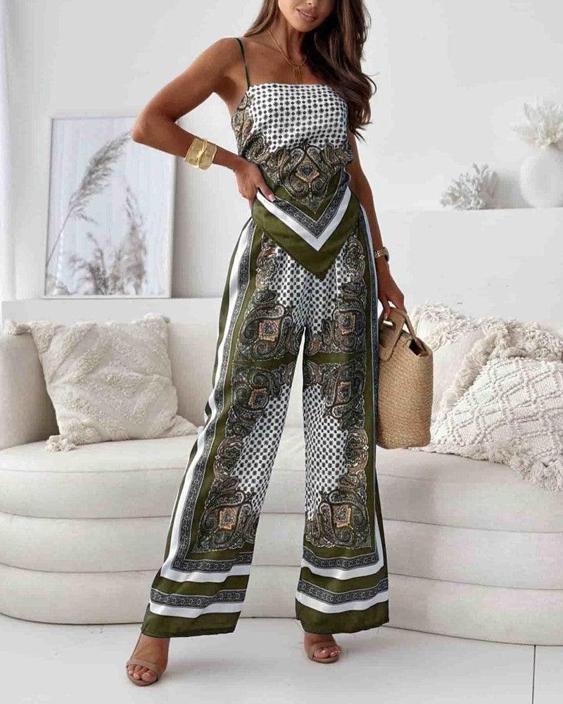 Women's printed lace-up vest and pants two-piece set, chic casual coordinated everyday outfit