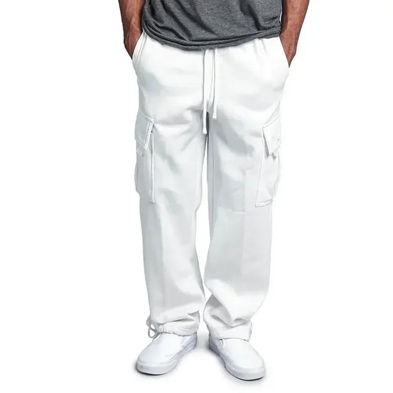 Men's gray fleece cargo sweatpants relaxed fit with adjustable drawstring waist and cargo pockets