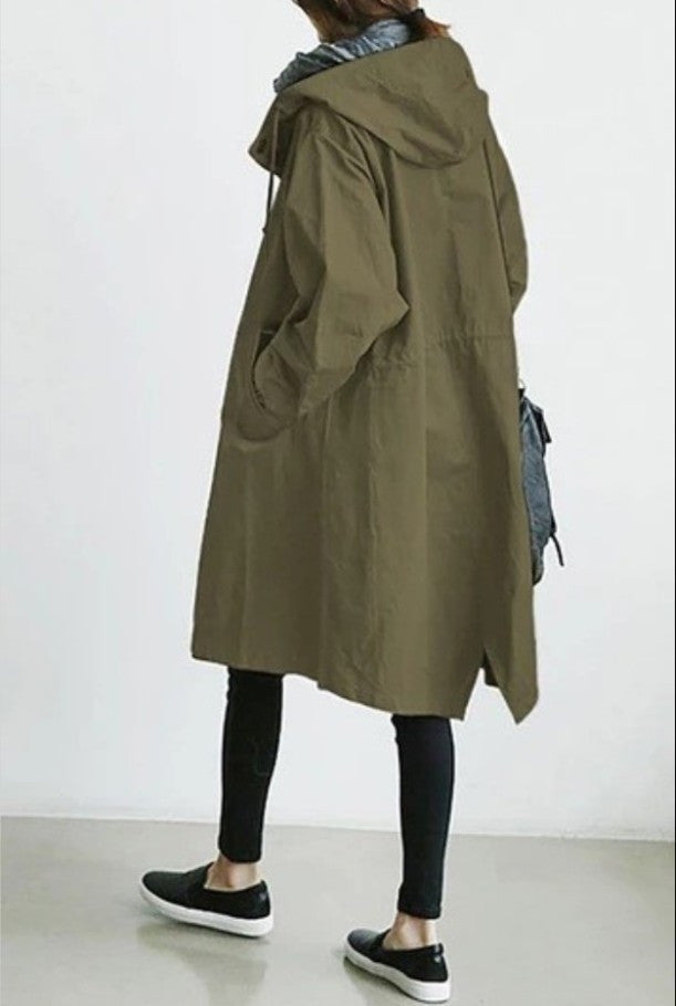 Women's lightweight hooded coat button closure elastic cuffs loose fit mid-thigh length casual style