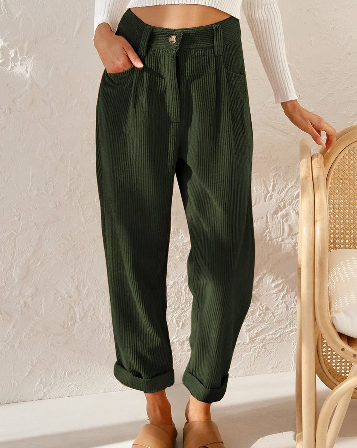 Women's burgundy corduroy high-waist ankle-length trousers with tailored elegant workwear fit