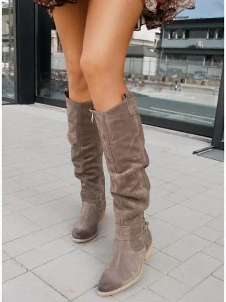 Women's black knee-high boots retro elegance low heel versatile for dress skirt or jeans