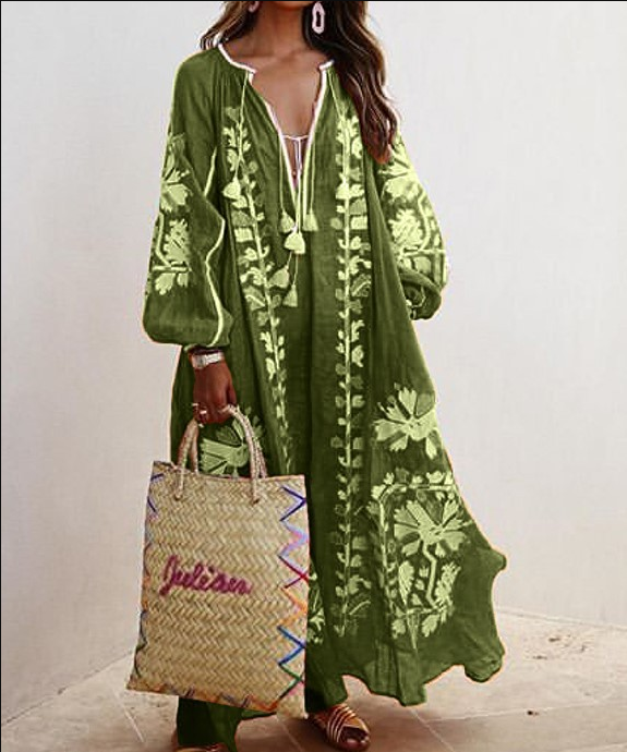 Oversized boho maxi dress cotton blend V-neck long sleeve casual vacation light blue green khaki