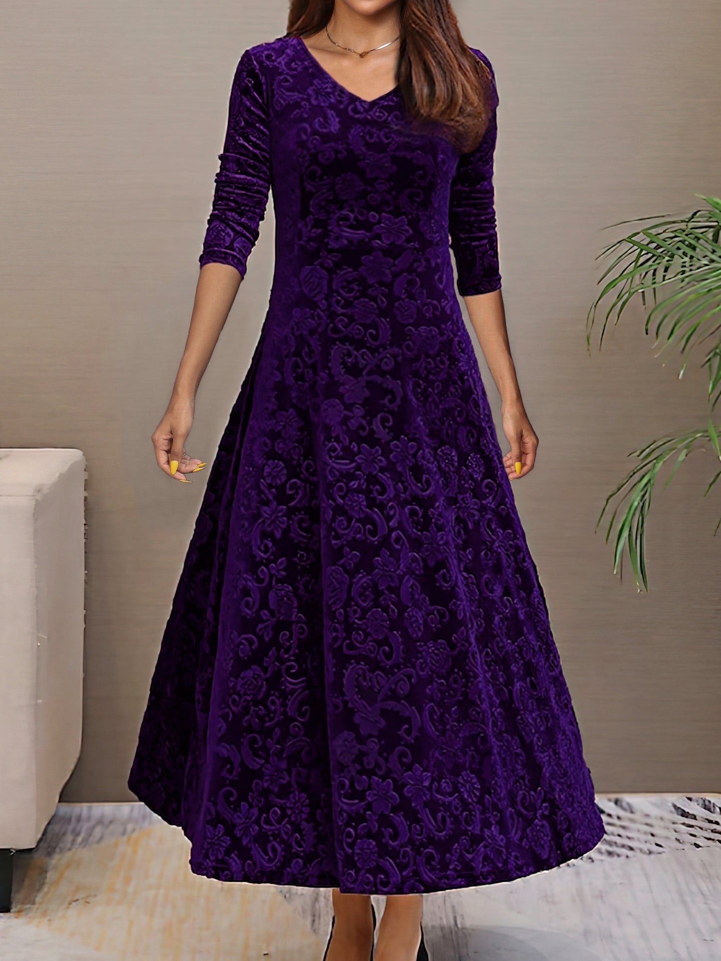 Women's burgundy velvet A-line evening dress with V-neck, three-quarter sleeves, and floral pattern