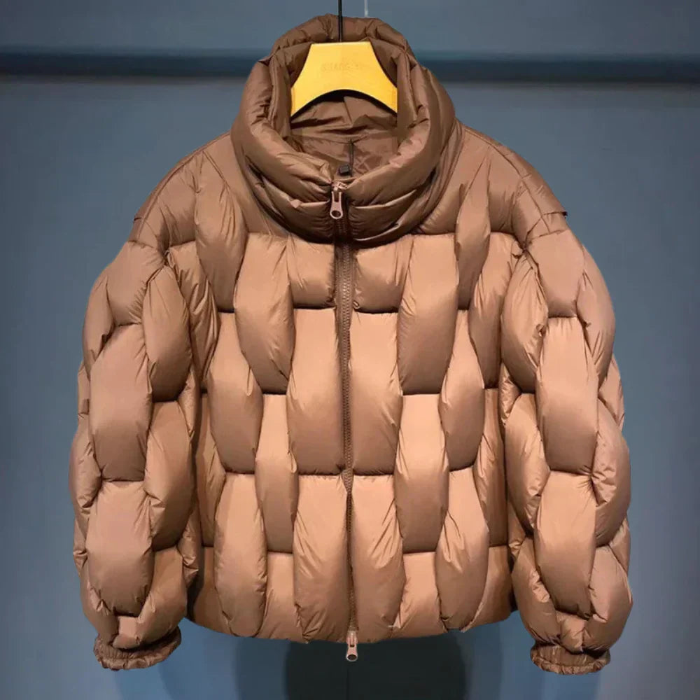 Men's lightweight down jacket neutral tone slim fit insulating fill cold weather casual style