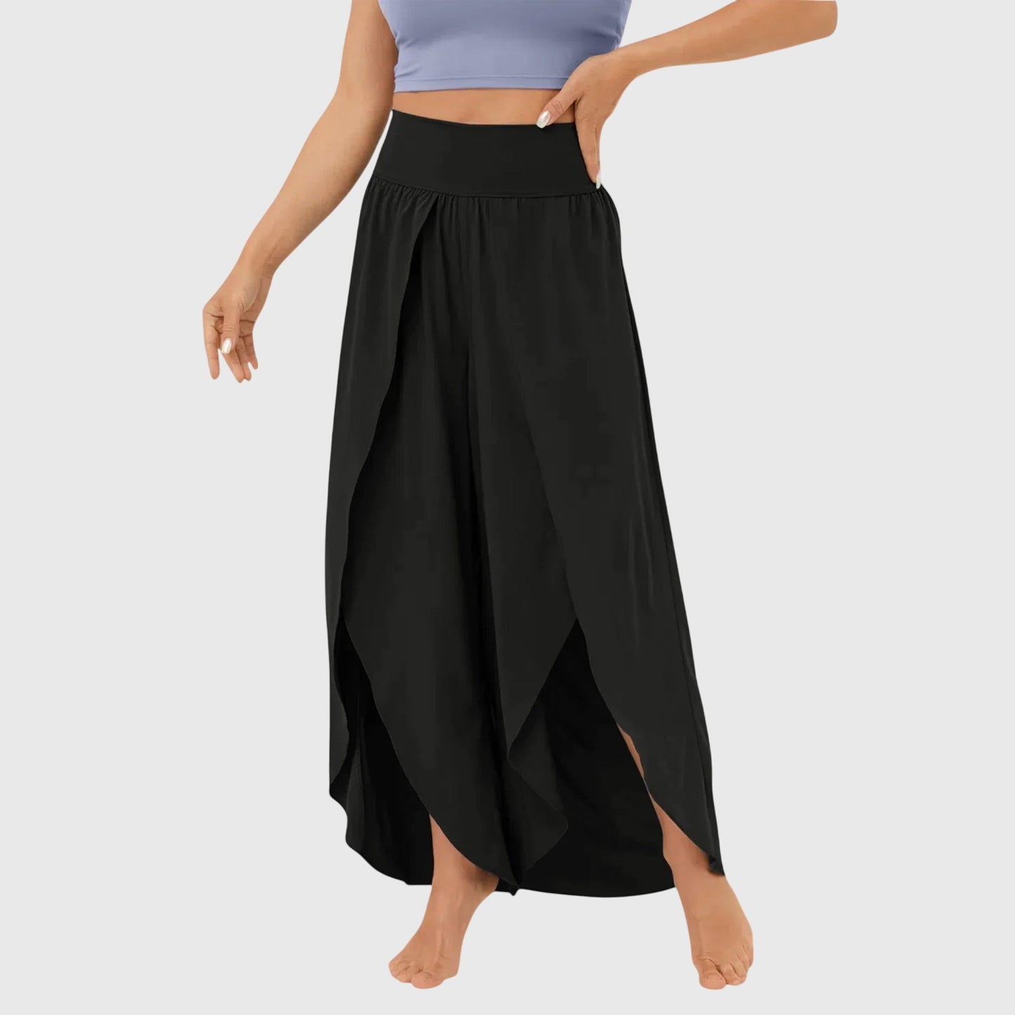 Women's wide leg split hem pants flowing silhouette elongated cut versatile everyday style