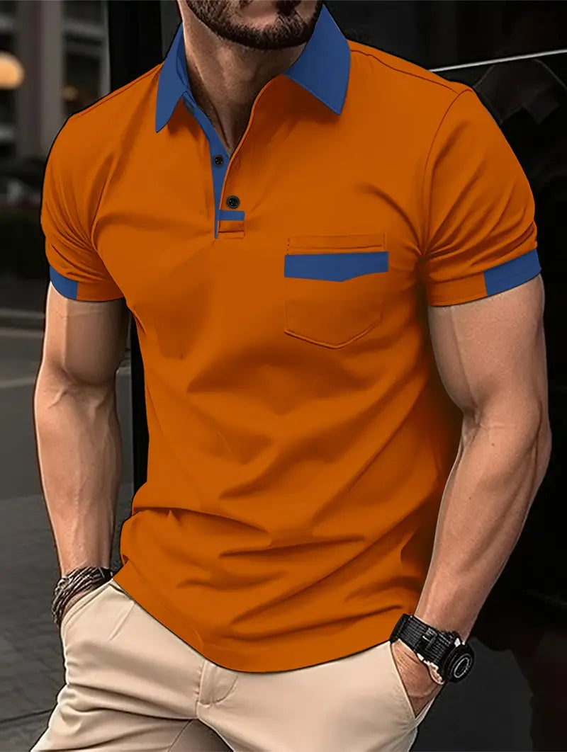 Men's colorful short-sleeve lapel shirt with chest pocket, casual summer style