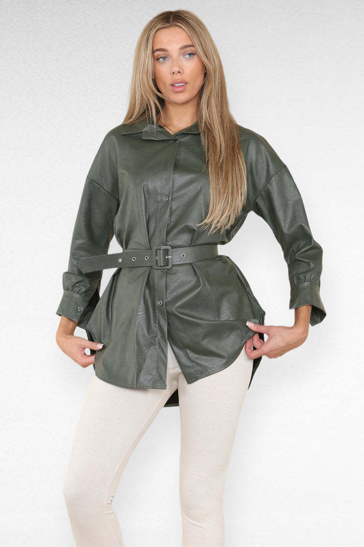 Women's black PU leather shirt dress with belt, wet-look finish, chic elegant office evening wear