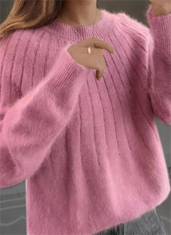 Women's fluffy knit sweater in soft neutral tone, vertical ribbed texture, cashmere-like silky comfort