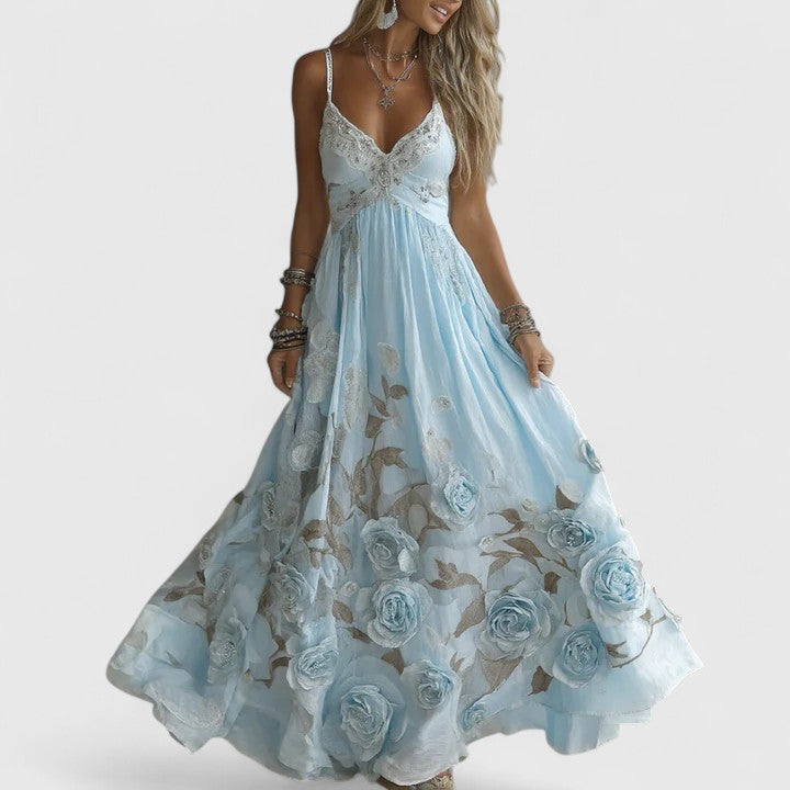 Floral embellished maxi gown elegant evening flowing silhouette romantic delicate floral details