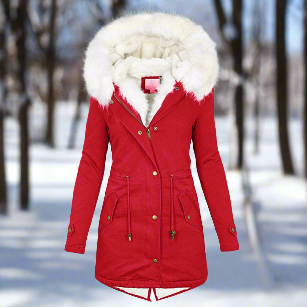Women's long tailored parka jacket with faux fur hood, water-repellent finish for winter warmth