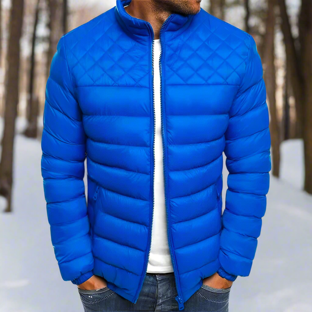 Men's hip-length quilted jacket with high collar, zip front, regular fit, timeless cold-weather versatility