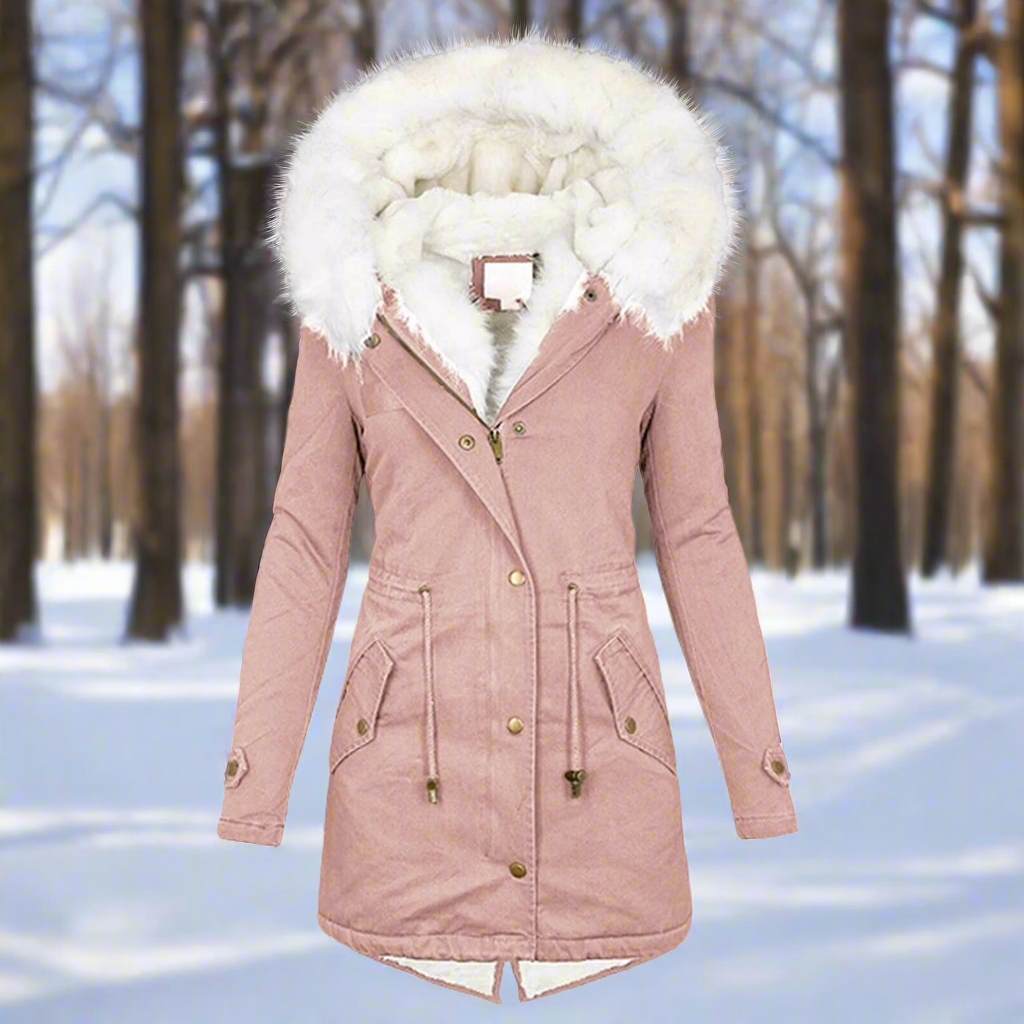 Women's long tailored parka jacket with faux fur hood, water-repellent finish for winter warmth