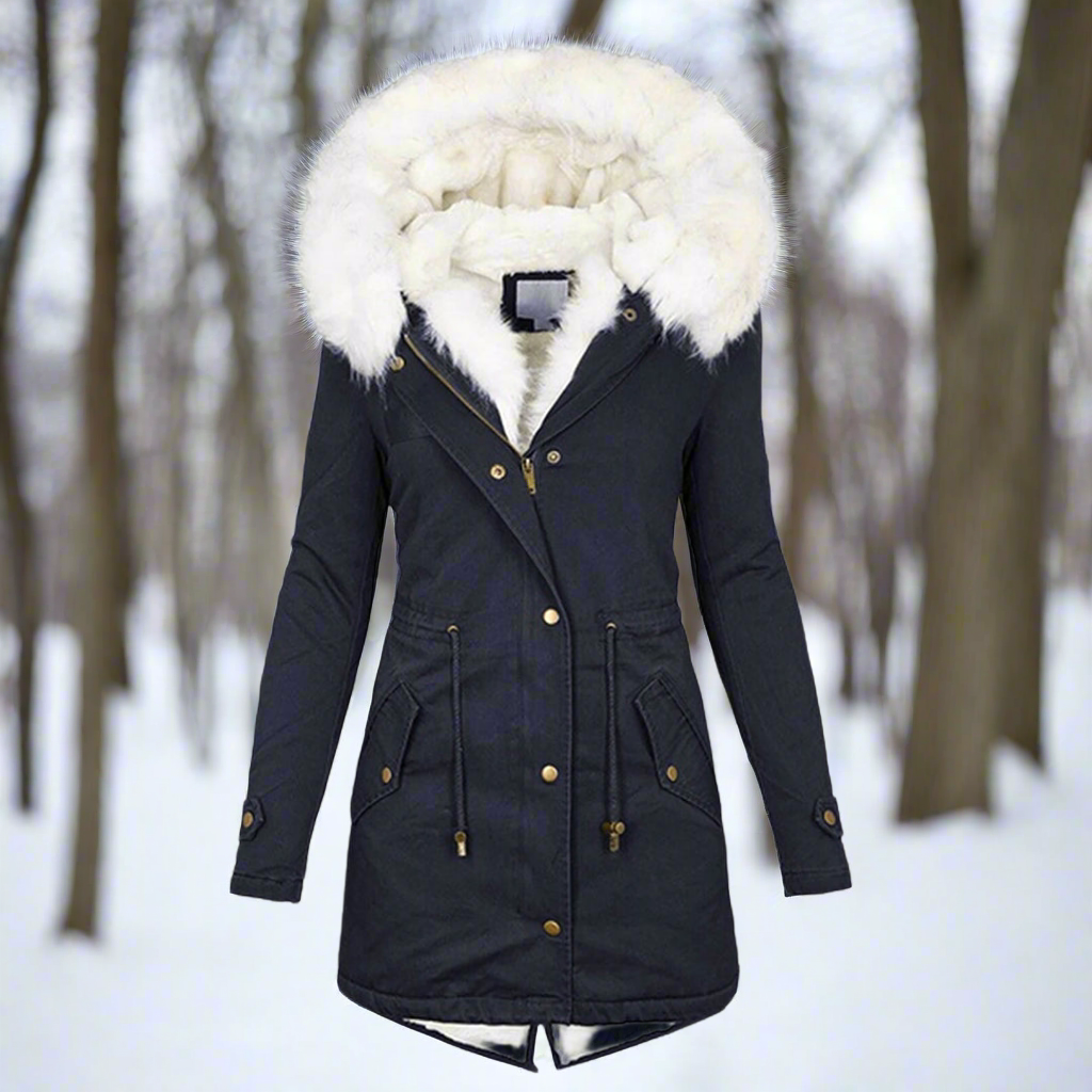 Women's long tailored parka jacket with water-repellent faux fur hood for everyday winter warmth