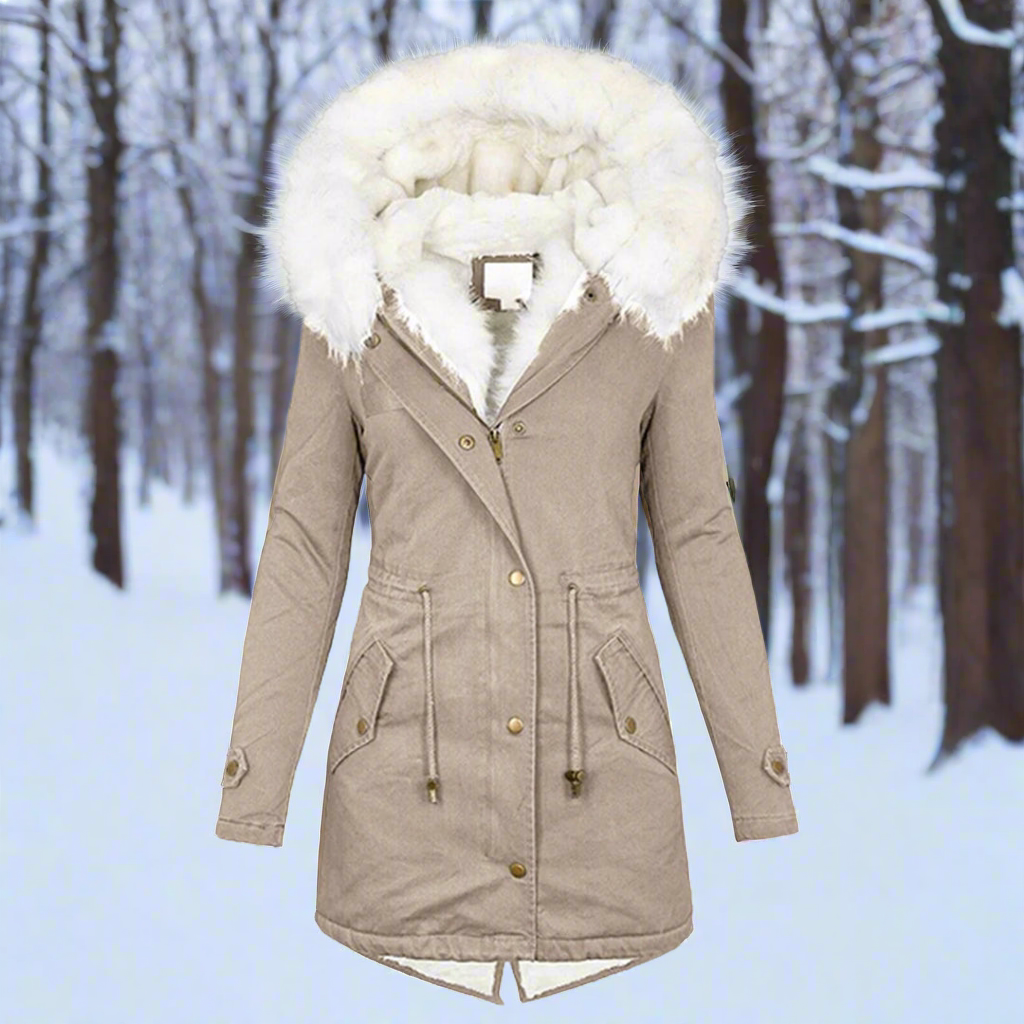 Women's tailored long parka jacket with faux fur hood, water repellent, slim fit winter coat