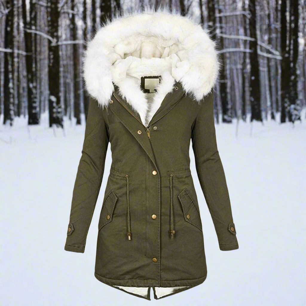 Women's tailored long parka jacket with faux fur hood, water repellent, slim fit for winter warmth