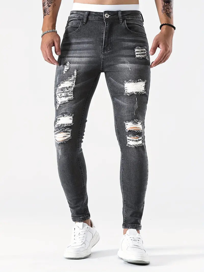 Men's skinny distressed jeans slim fit ripped leg details streetwear casual everyday wear
