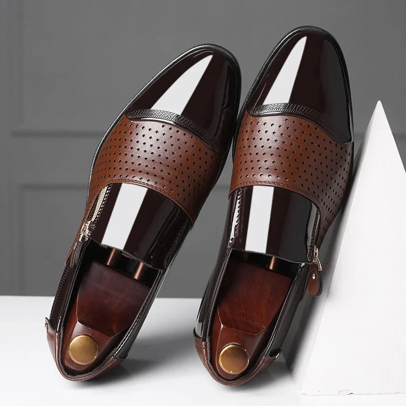 Men's black dual-texture patent gloss loafer with sleek silhouette and side zip closure
