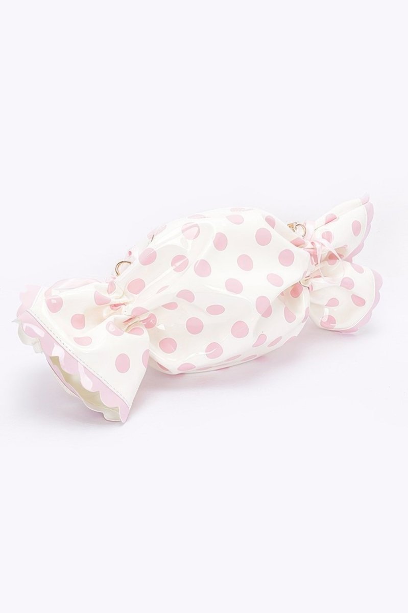 White polka dot structured novelty bag candy-inspired boxy silhouette event-ready fashion accessory