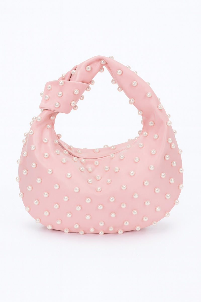 Bag Satin Pearl‑Studded Compact Shoulder Bag – Pink Satin - Urbann-Vibe