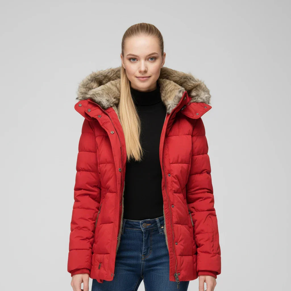 Women's hooded quilted puffer jacket flattering silhouette cozy winter coat versatile style