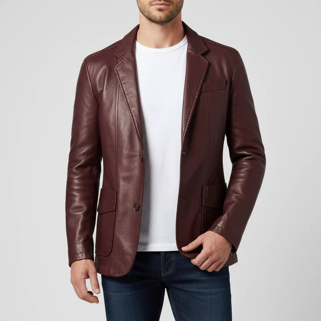 Men's black leather blazer jacket notch lapel patch pockets slim professional sophisticated style