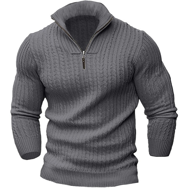 Men's gray zippered knit pullover with clean modern fit and functional front zipper for versatile layering
