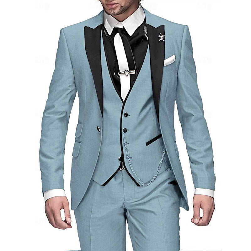 Men's slim-fit three-piece linen suit in neutral tone, breathable blazer vest trousers for weddings