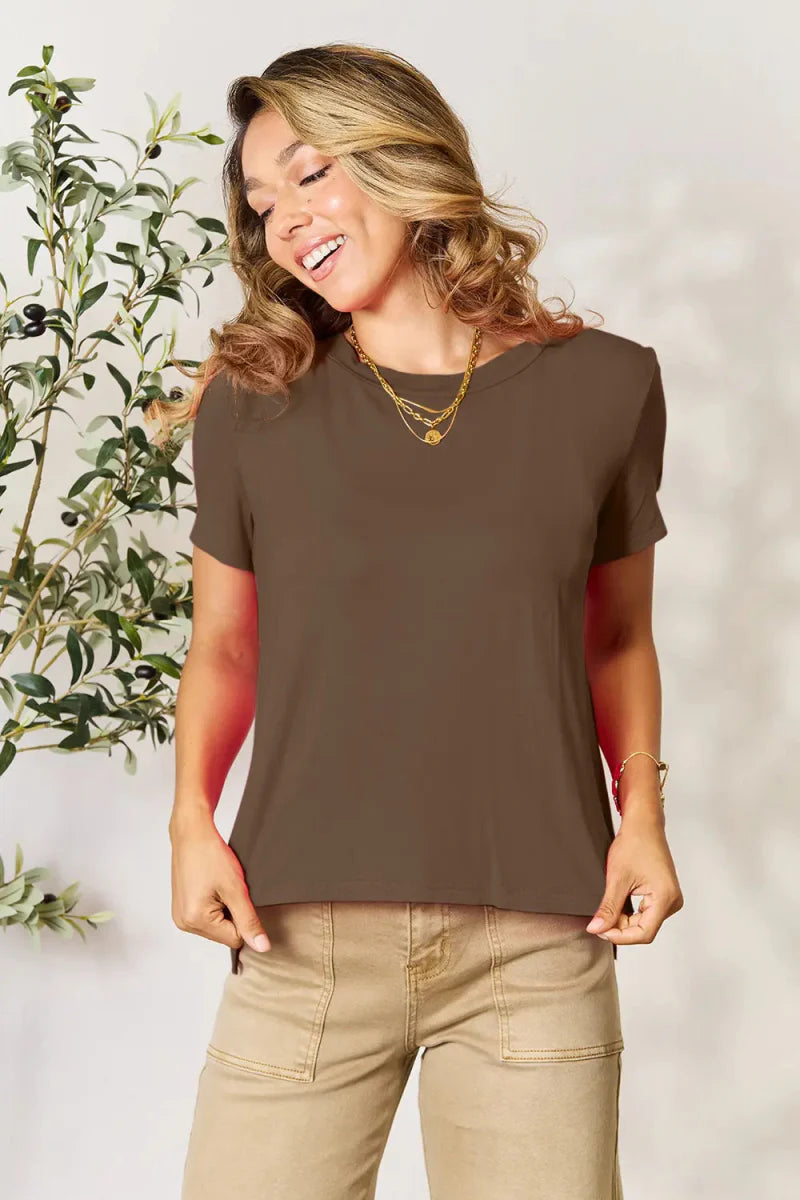 Women's short sleeve rayon-spandex tee, soft breathable fabric, classic fit for office and casual wear