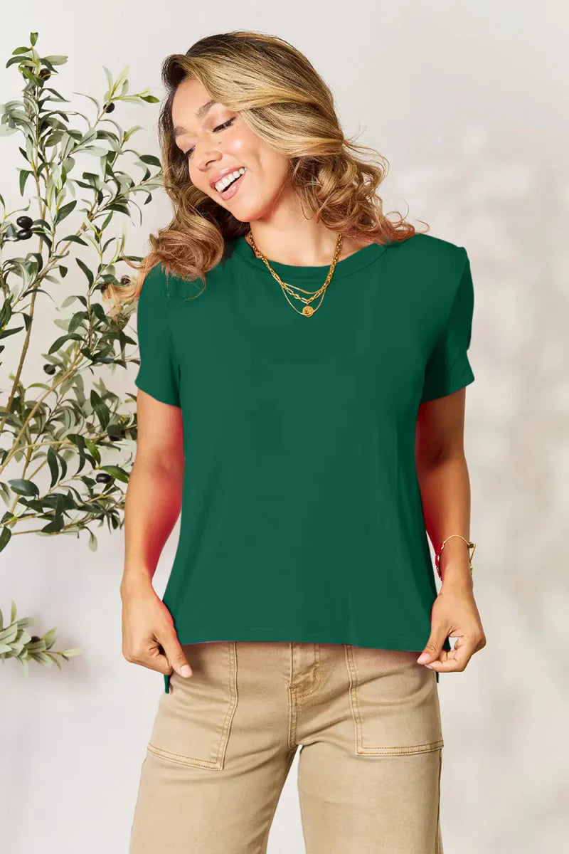 Women's basic short sleeve rayon-spandex tee, relaxed everyday fit, soft opaque breathable fabric