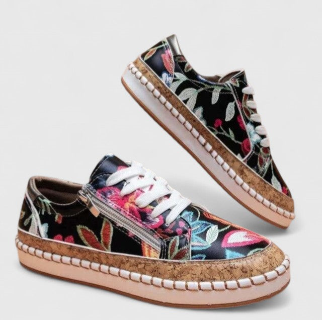 Dahlia | Women's Floral Print Platform Lace-Up Sneakers with Cork Sole