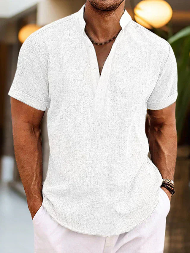 Men's casual linen short-sleeve shirt in natural tones with Henley collar, lightweight summer fit