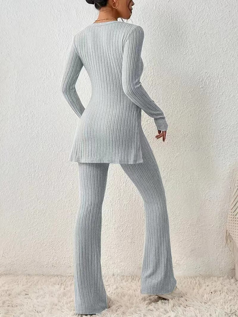 Women's two-piece knit set long-sleeve top wide-leg pants soft stretchy elegant coordinated outfit
