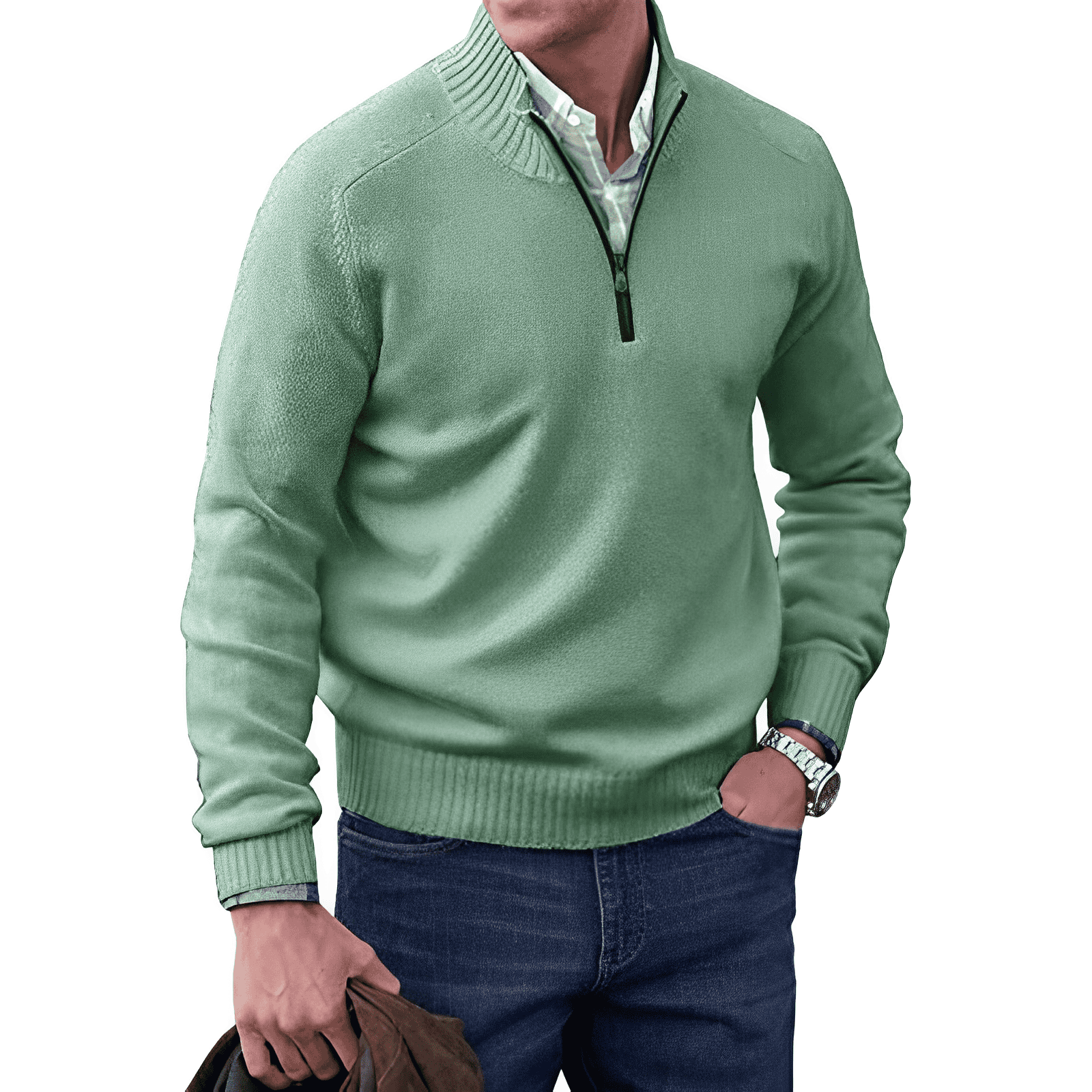 Men's half-zip knit sweater long sleeves classic ribbed collar cuffs hem layering essential