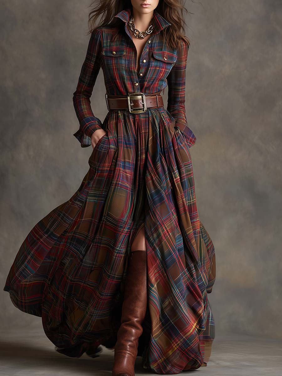 Women's plaid belted maxi dress with tailored bodice, button-front closure, and polished flowing silhouette