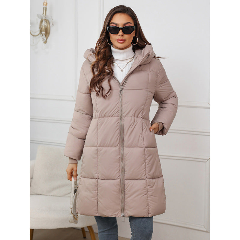 Women's long hooded down jacket beige windproof coat with extended silhouette cold weather