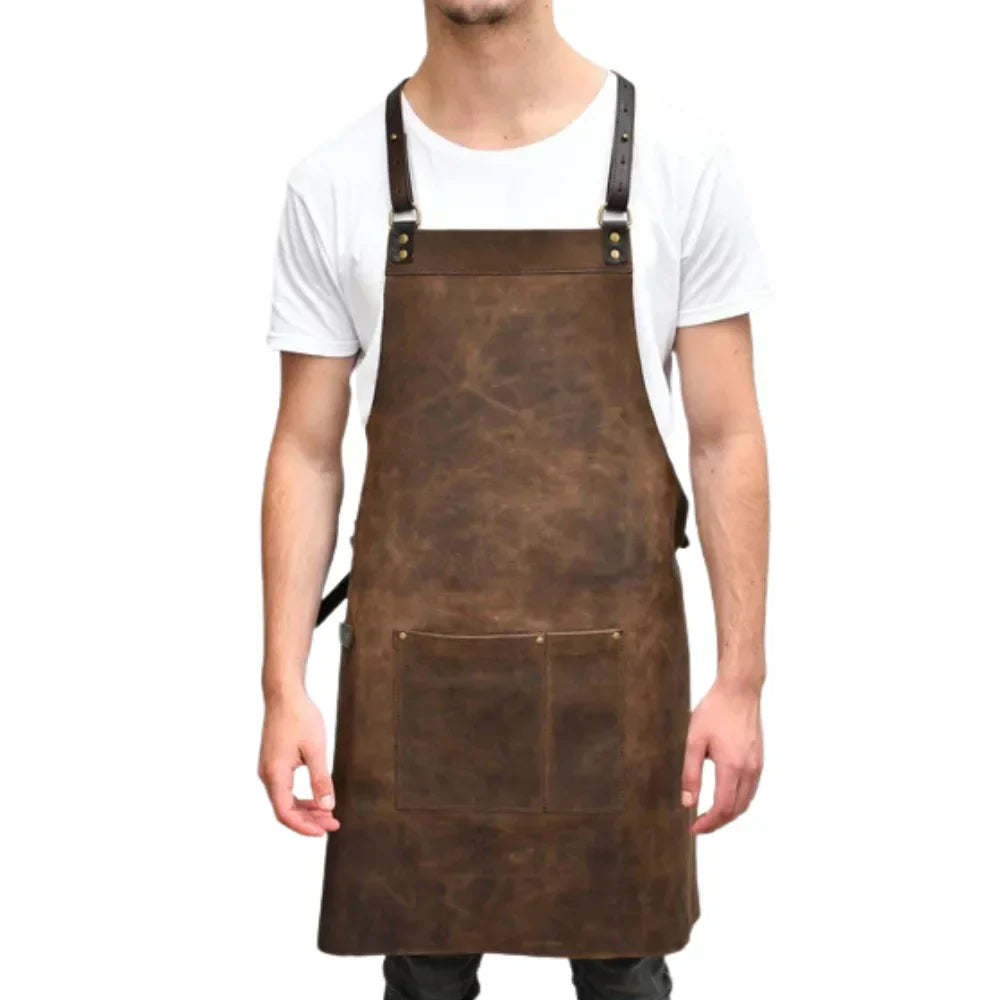 Full-grain Argentine leather BBQ apron, handcrafted artisan design with rugged durability for grilling