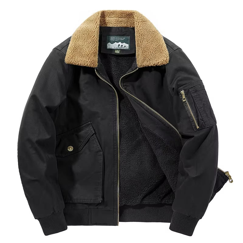 Men's olive military bomber jacket sherpa-lined cold weather insulated aviator silhouette