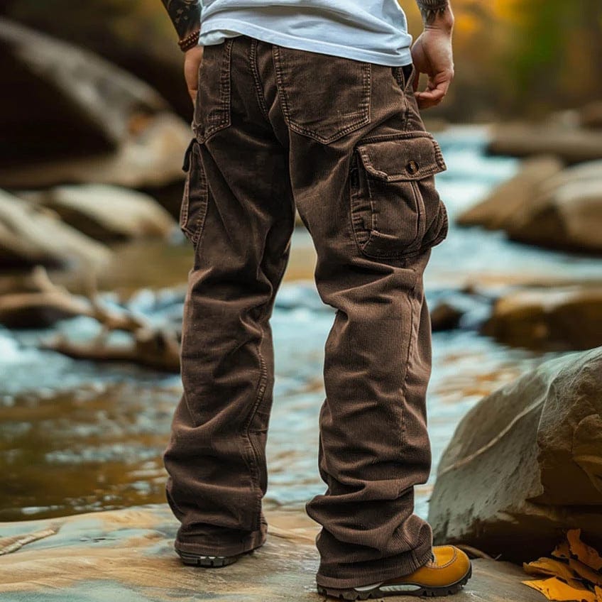 Men's retro elastic cargo pants relaxed fit with multiple pockets for casual everyday wear