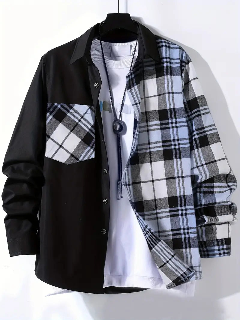 Men's blue checkered long sleeve button-down shirt with classic silhouette for casual and smart looks