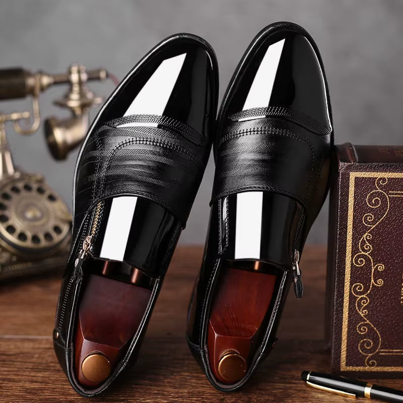 Men's black dual-texture patent gloss loafer with side zip closure and sleek dress silhouette